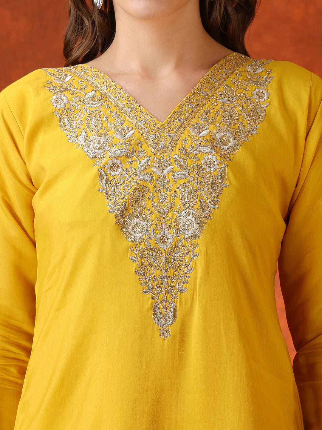 Sequin Embroidered Kurta With Pant & Embroidered Organza Dupatta, Yellow - Hiral Fashion