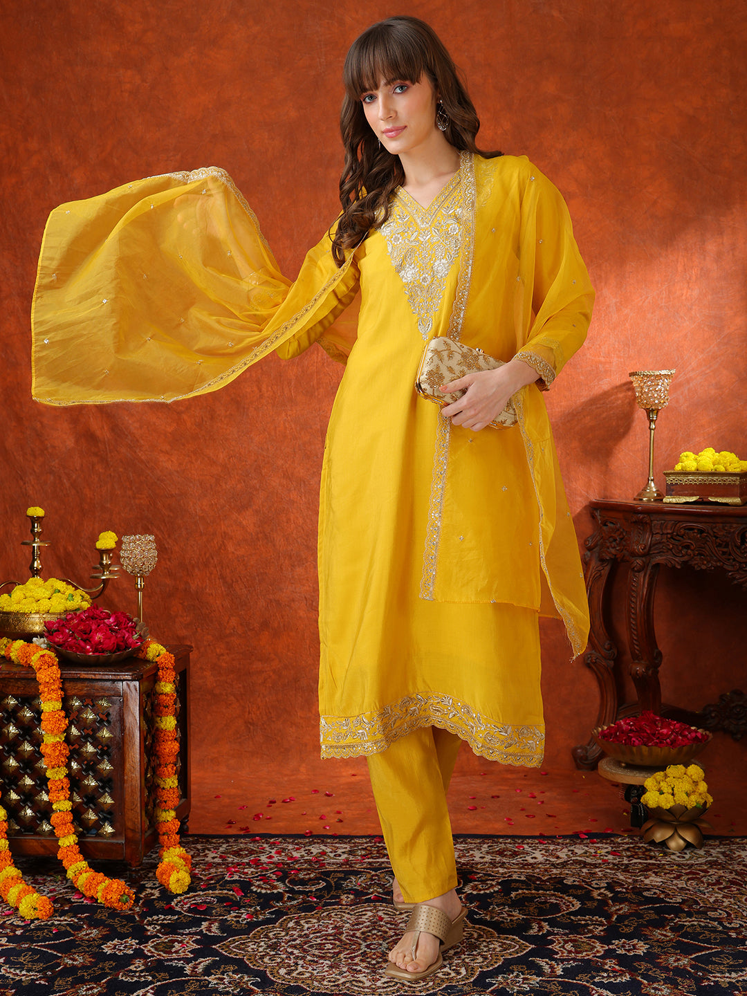Sequin Embroidered Kurta With Pant & Embroidered Organza Dupatta, Yellow - Hiral Fashion