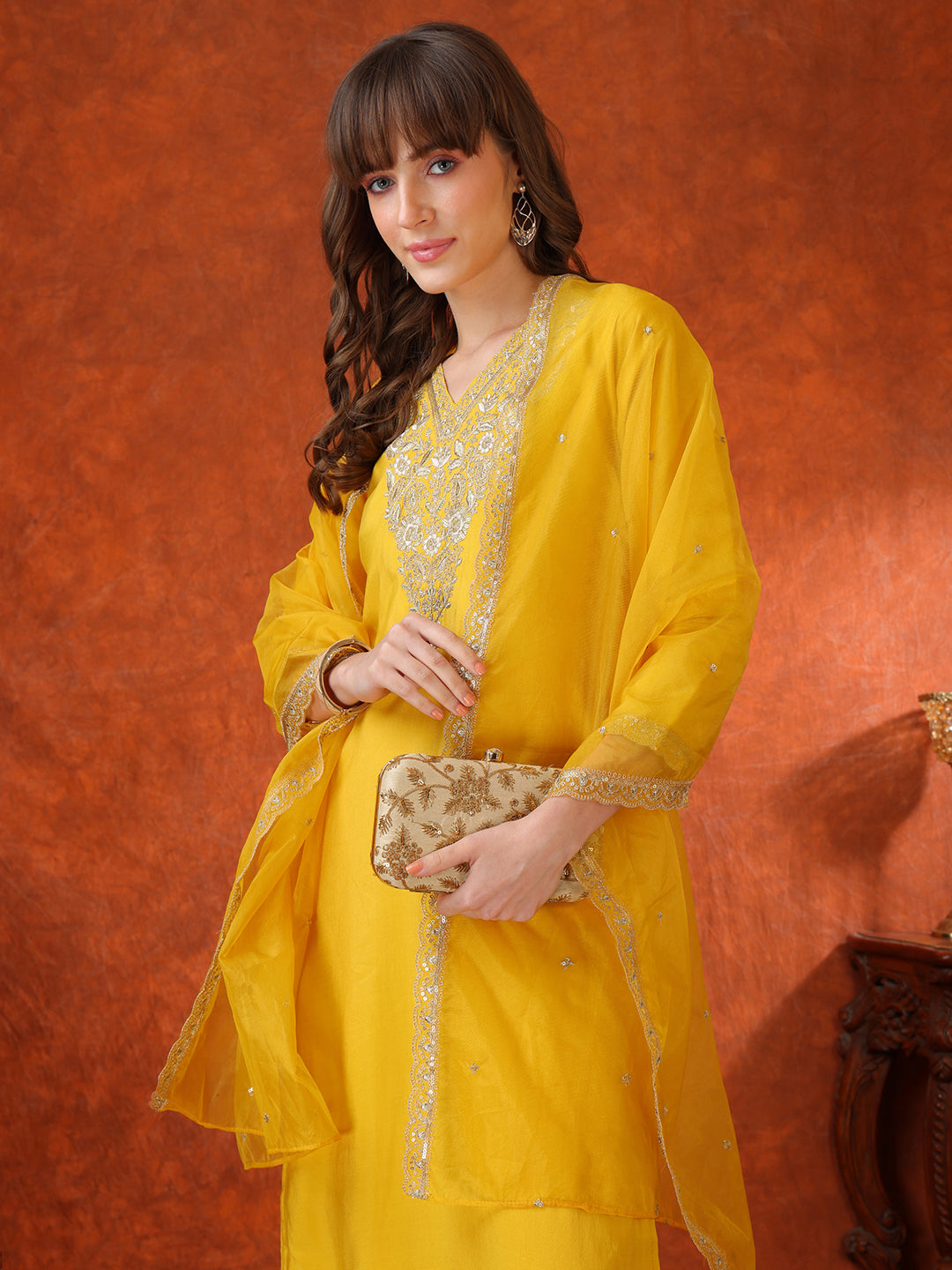Sequin Embroidered Kurta With Pant & Embroidered Organza Dupatta, Yellow - Hiral Fashion