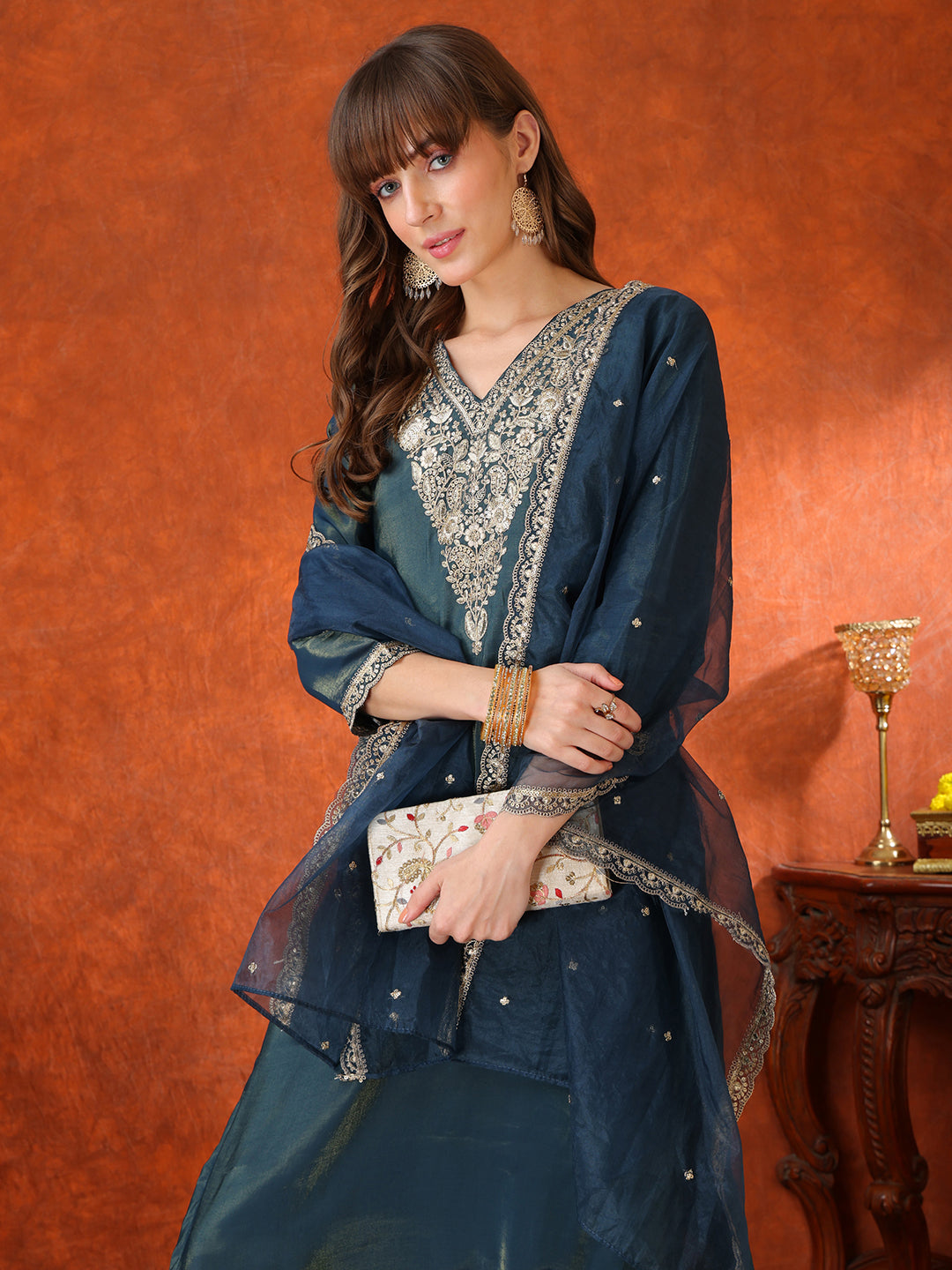 Sequin Embroidered Kurta With Pant & Embroidered Organza Dupatta, Teal - Hiral Fashion