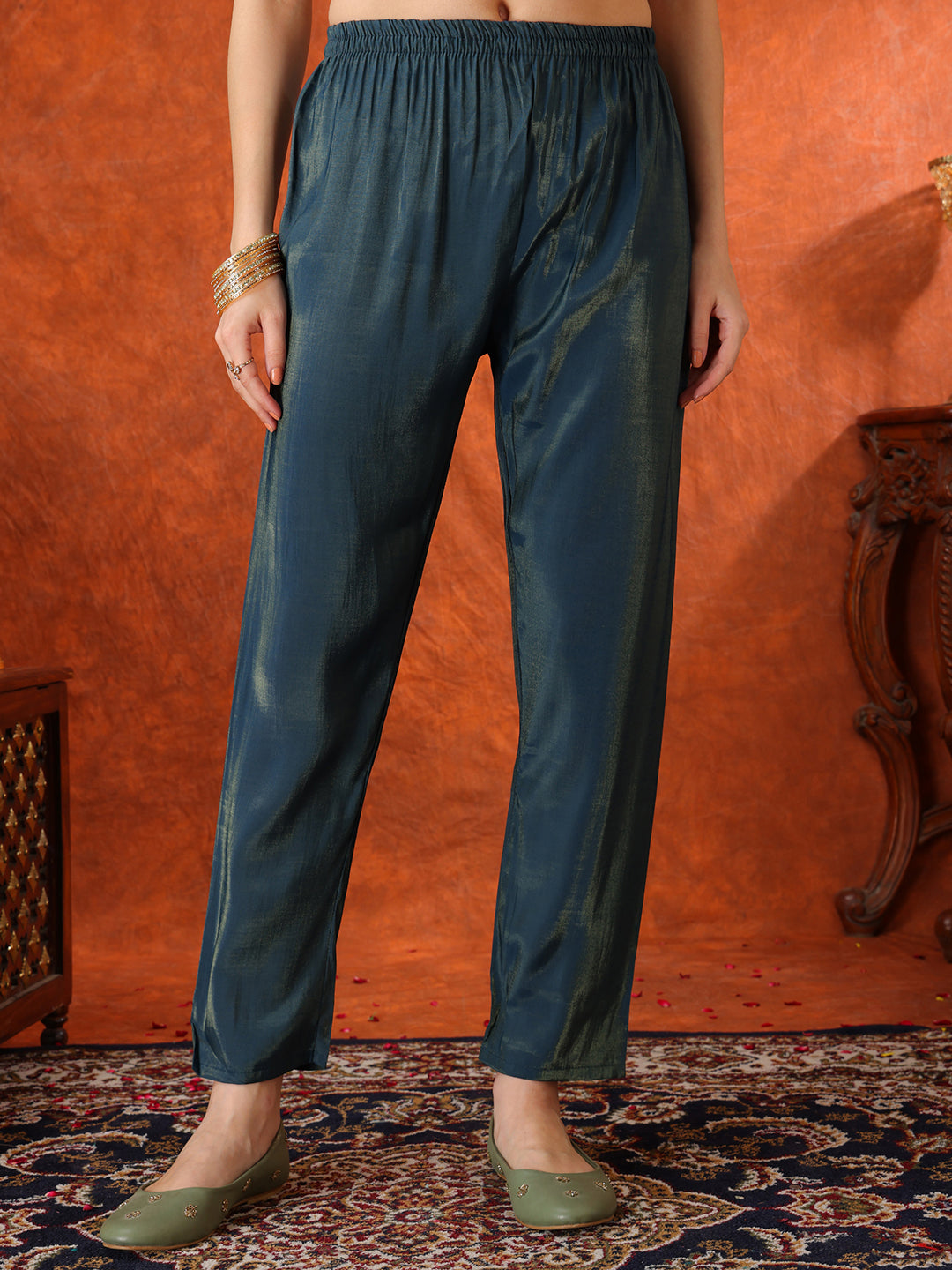 Sequin Embroidered Kurta With Pant & Embroidered Organza Dupatta, Teal - Hiral Fashion