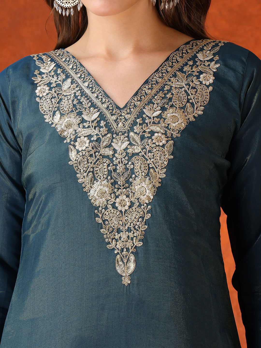 Sequin Embroidered Kurta With Pant & Embroidered Organza Dupatta, Teal - Hiral Fashion
