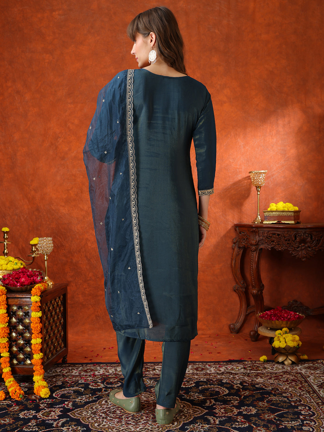 Sequin Embroidered Kurta With Pant & Embroidered Organza Dupatta, Teal - Hiral Fashion