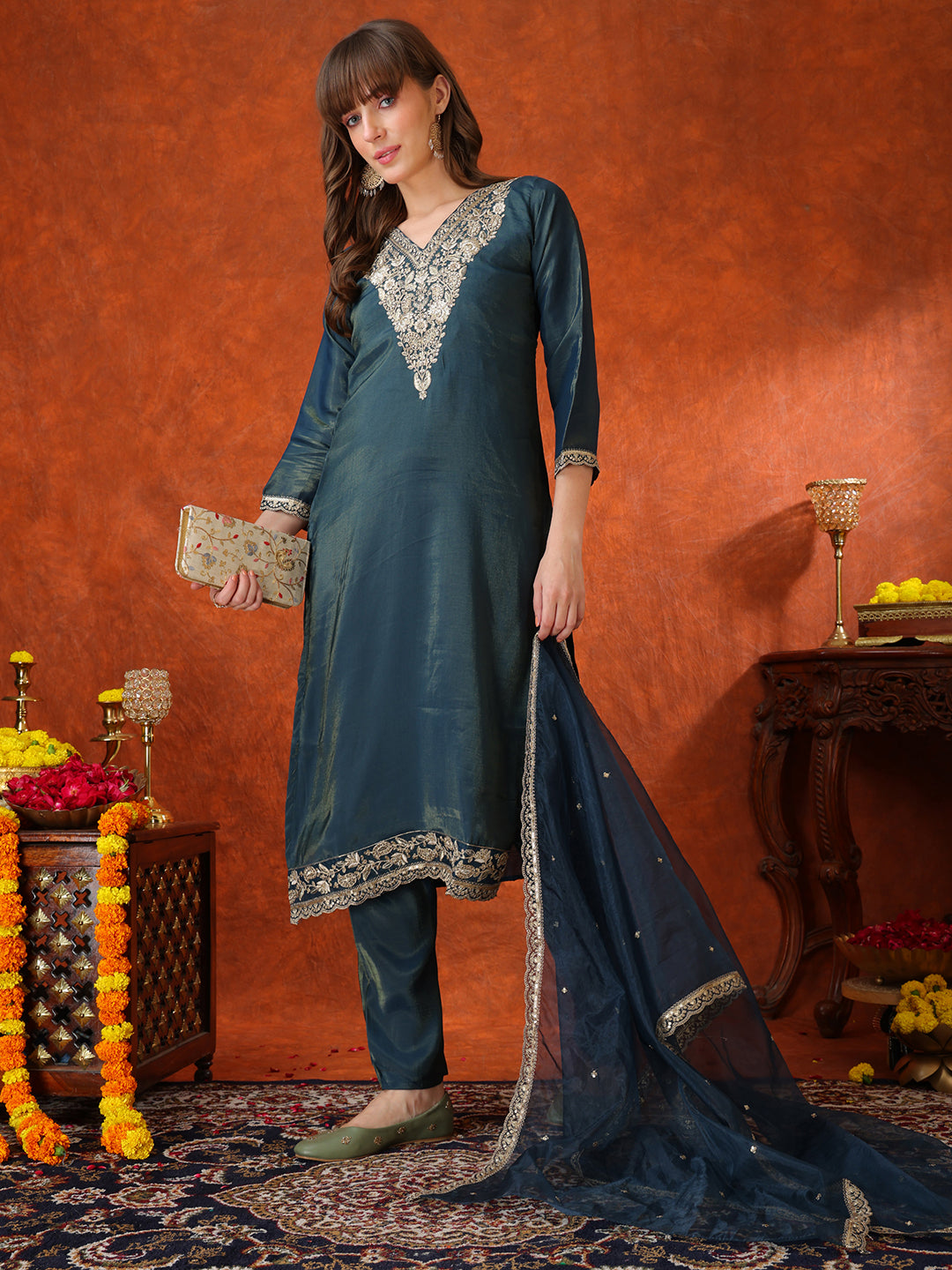 Sequin Embroidered Kurta With Pant & Embroidered Organza Dupatta, Teal - Hiral Fashion