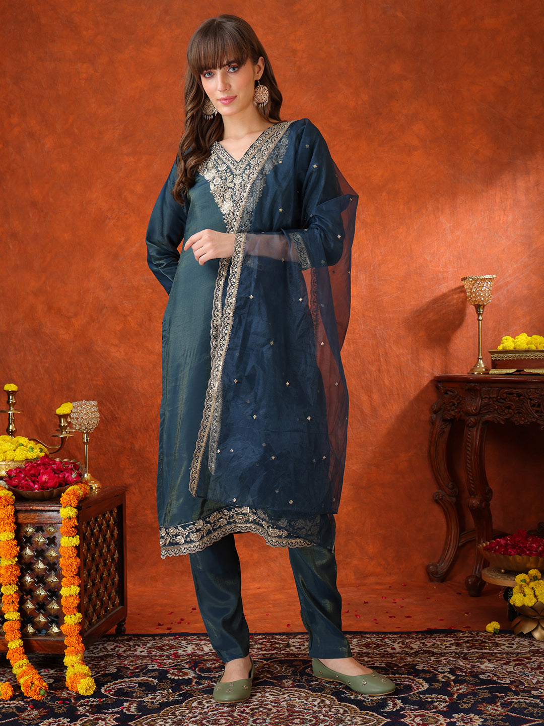 Sequin Embroidered Kurta With Pant & Embroidered Organza Dupatta, Teal - Hiral Fashion