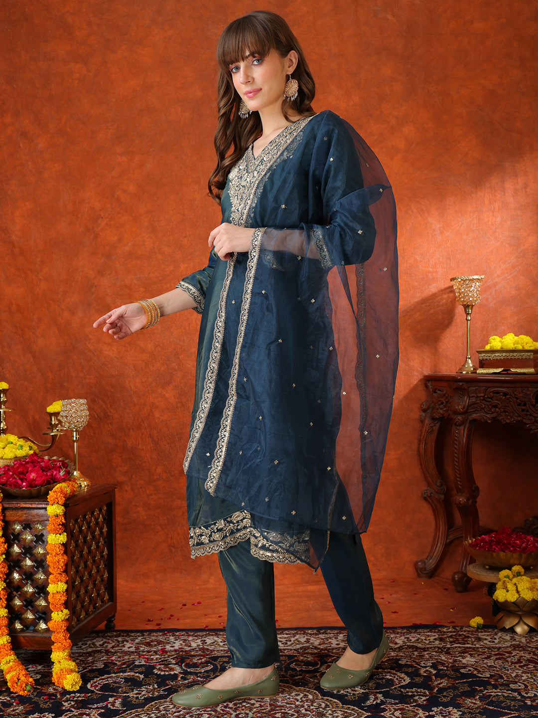 Sequin Embroidered Kurta With Pant & Embroidered Organza Dupatta, Teal - Hiral Fashion