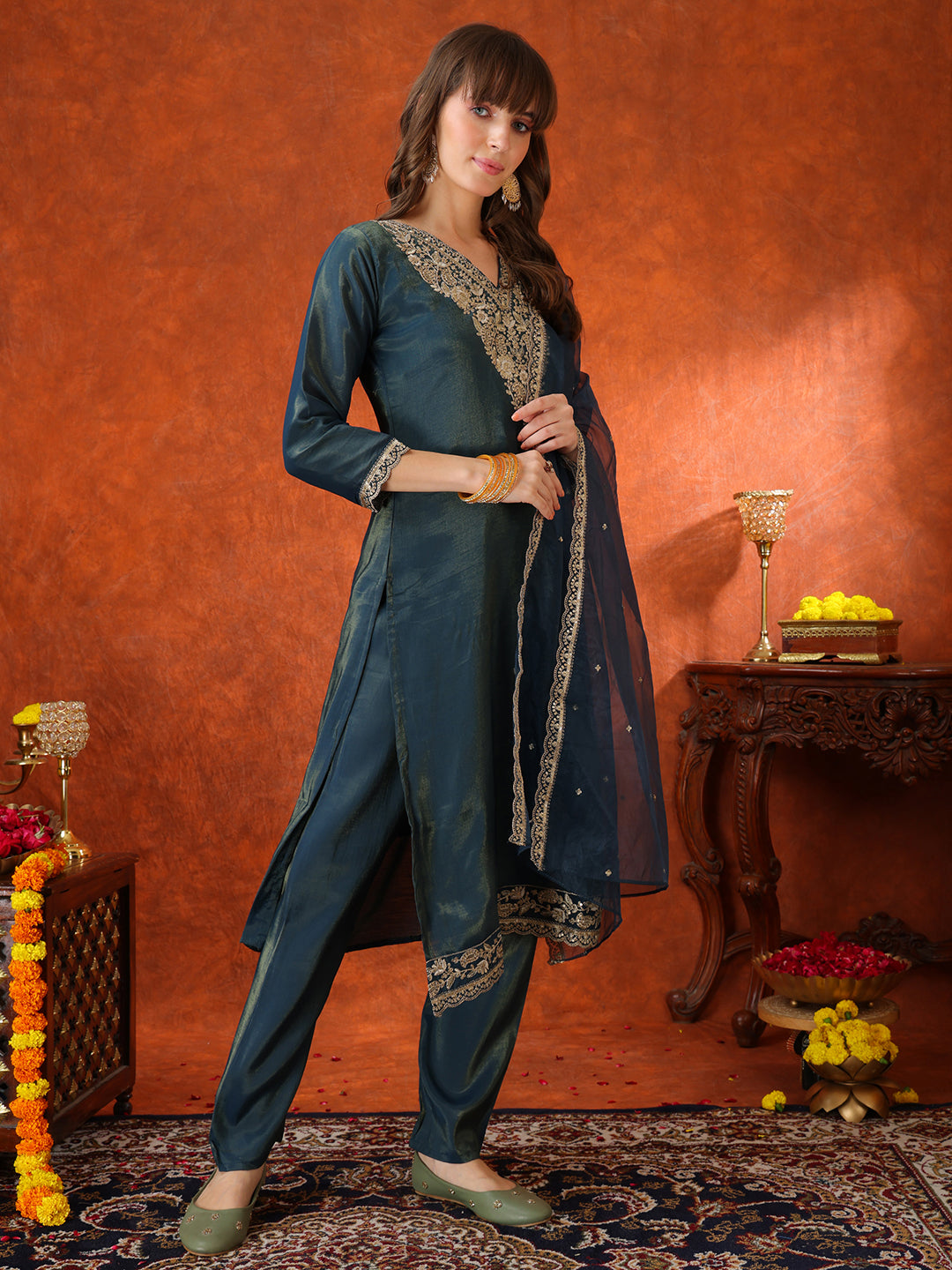 Sequin Embroidered Kurta With Pant & Embroidered Organza Dupatta, Teal - Hiral Fashion