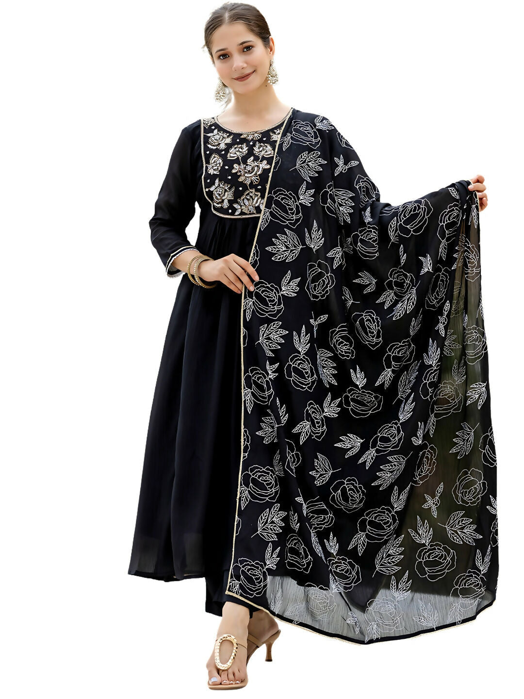 The52 Black Women's Beautiful Embroidered work Chinon Fabric with Flared Kurta, Pant and Dupatta Set | Grab2Buy
