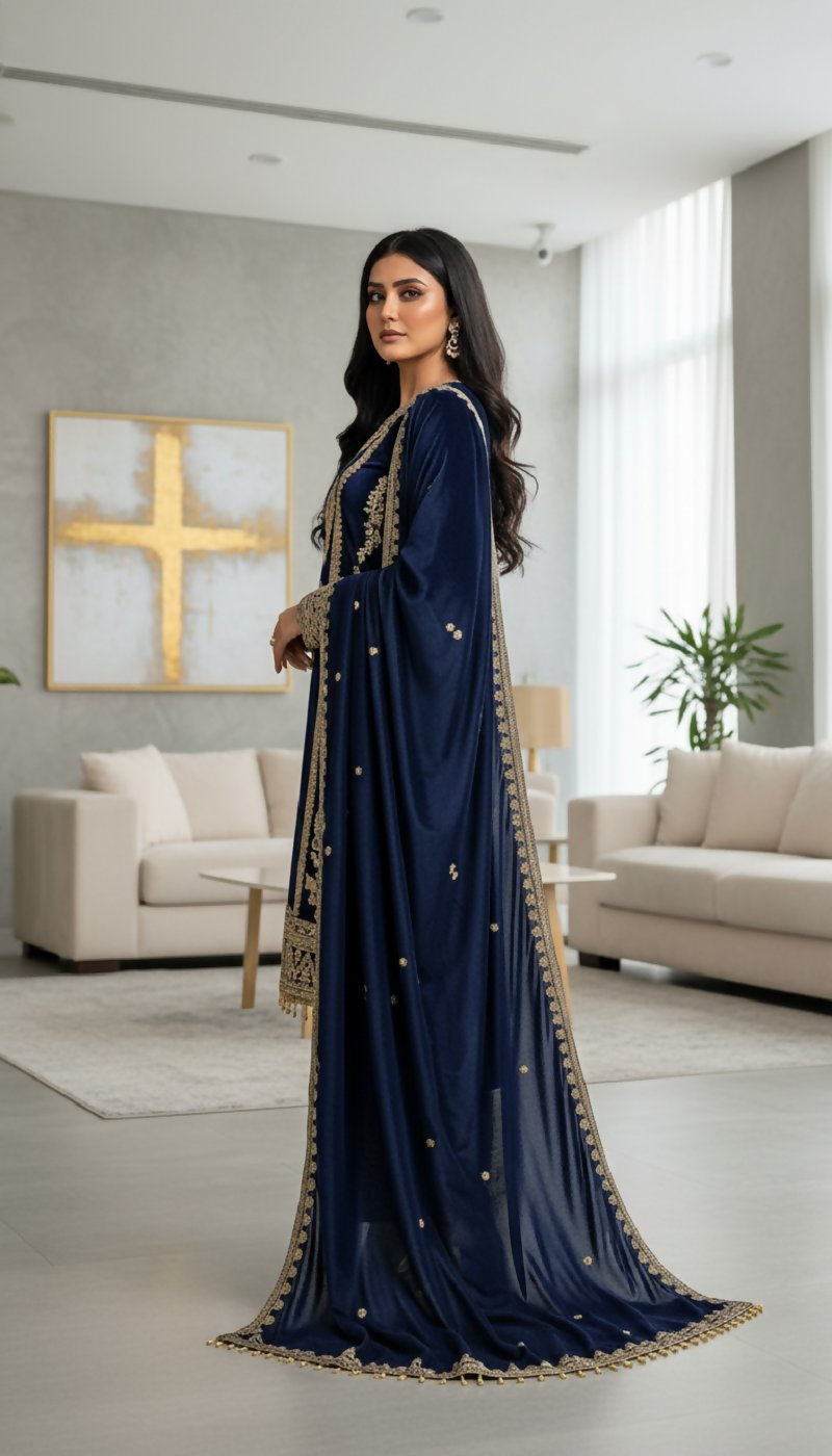 Joban Fashion Blue Velvet Embroidery Sequence Work Readymade Kurta Set