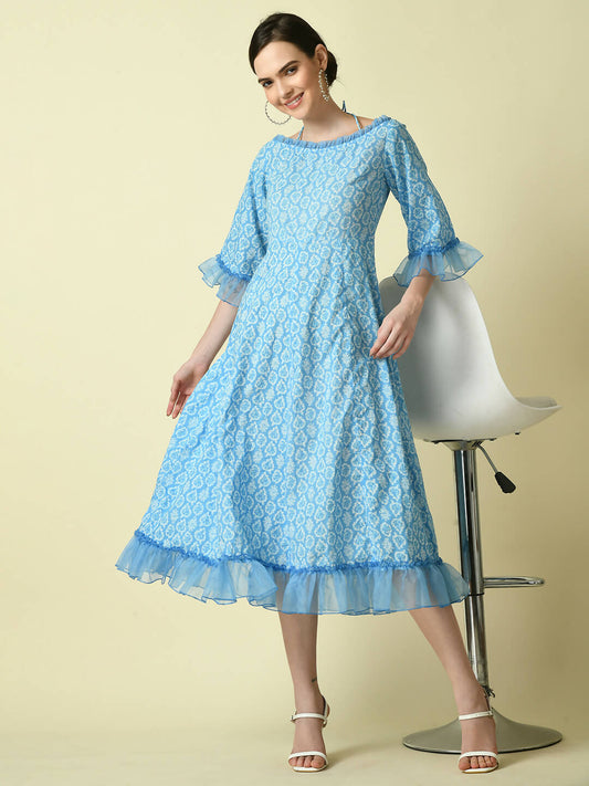 Myshka Women's Blue Empire Printed Dress