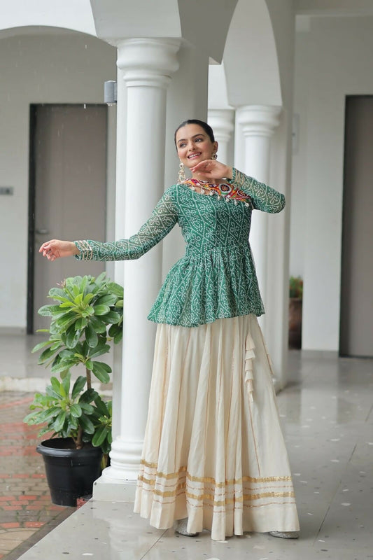 Teeya Creation Green And White Colour Cotton Printed Navratri Lehenga Choli