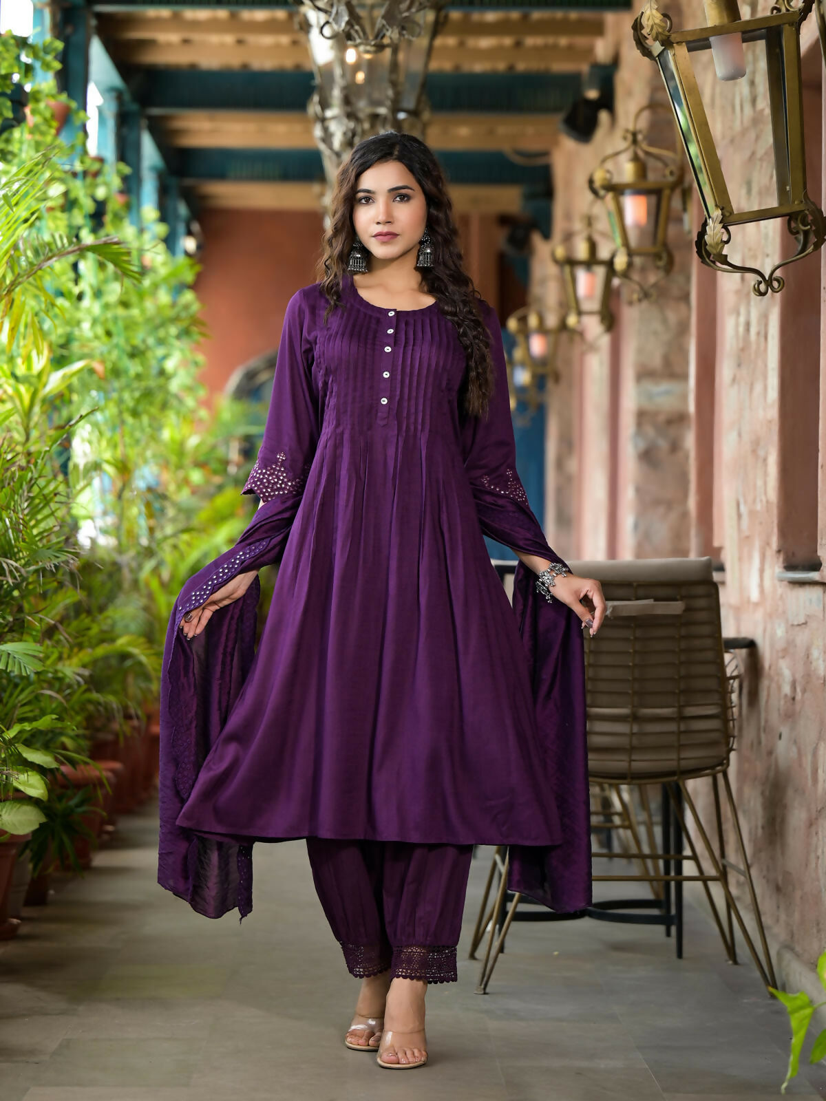 Juniper Women's Plum Thread Embroidered Liva Rayon Kurta Set With Buttons & Mirror Work