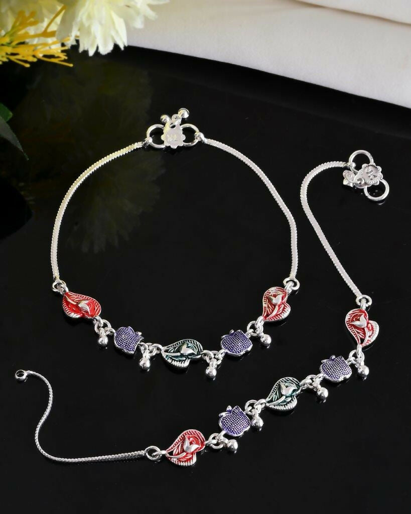 VOJ Set of 2 Silver Plated Designer Multi Color Anklet 