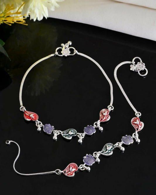 VOJ Set of 2 Silver Plated Designer Multi Color Anklet 