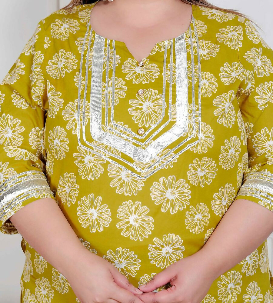 Miravan Plus Size Women'S Lime Yellow Embroidered Straight Kurta With Palazzo And Dupatta