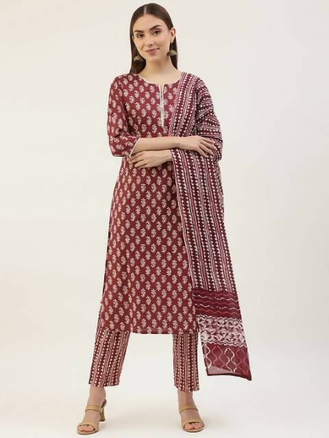 FIORRA Women's Maroon Cotton Straight Kurta Pant With Dupatta 