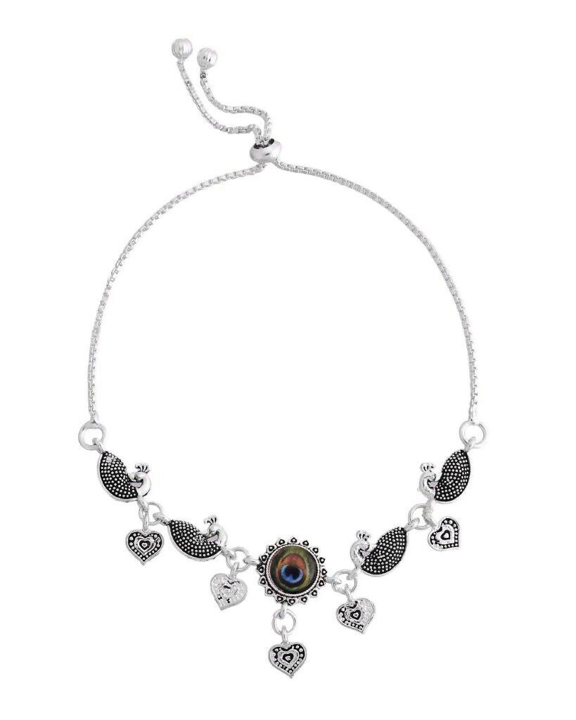 VOJ Set Of 2 Silver Plated Peacock Handcrafted Anklets 