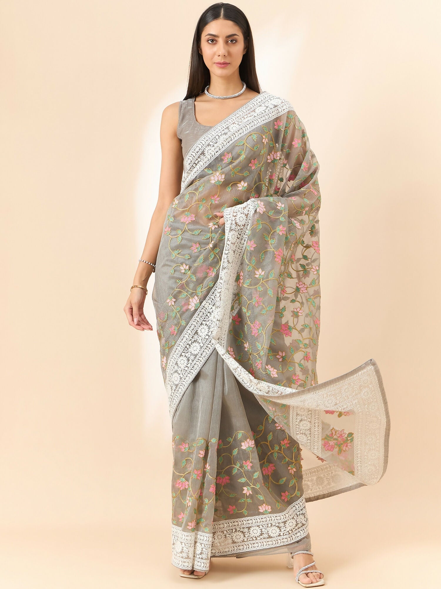 Grey Organza Floral Embroidered Saree with Unstitched Blouse Piece - Roozal