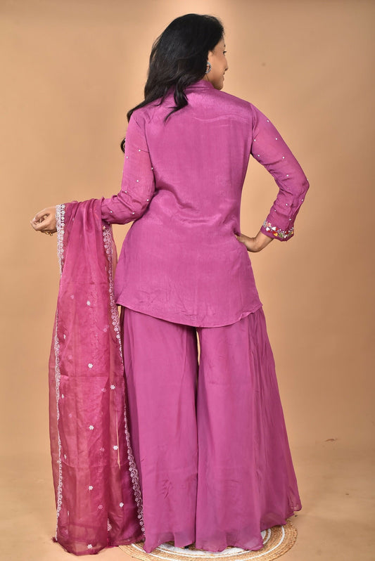 Morchari Women And Hand Embroidery Palazzo Set-Purple 