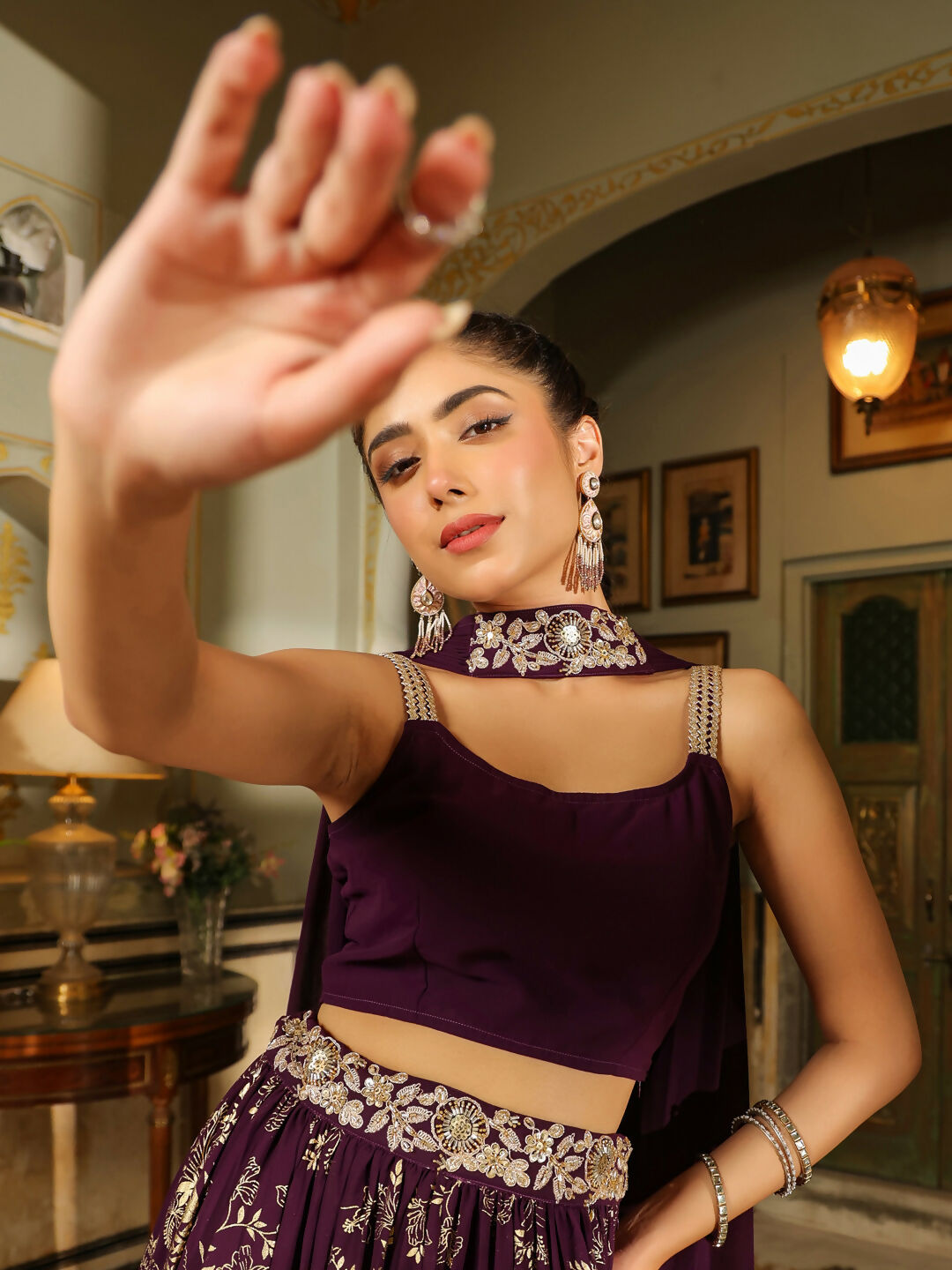 Janasya Purple Georgette Solid Lehenga Choli Dupatta 