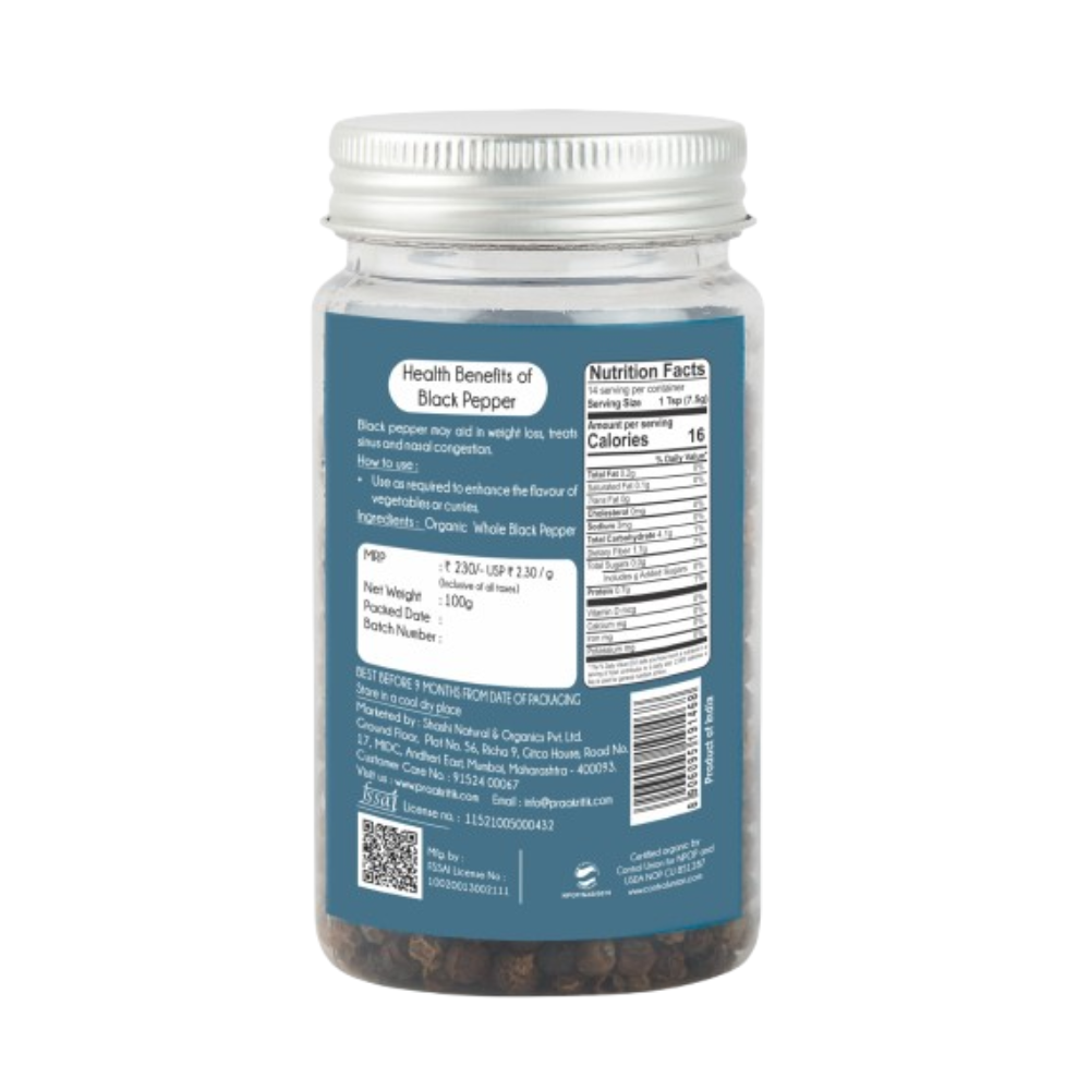 Praakritik Organic Black Pepper Whole 
