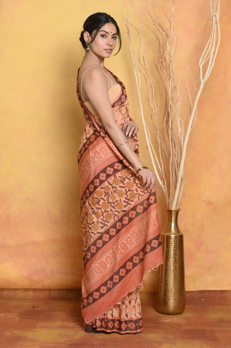 Very Much Indian Designer Modal Silk Saree With With Beautiful Floral Print - Light Orange | Swadesiicart