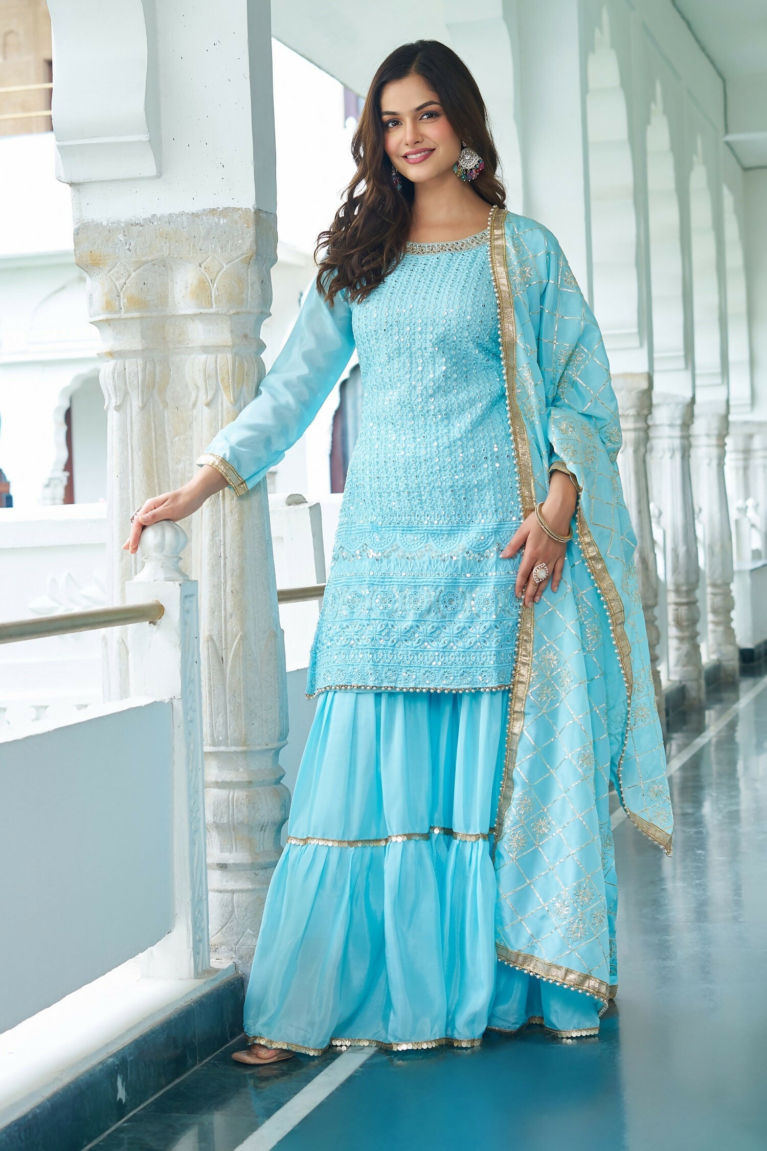 Joban Fashion Sky Blue Chinon Silk Embroidery Sequence Work Readymade Kurta Set
