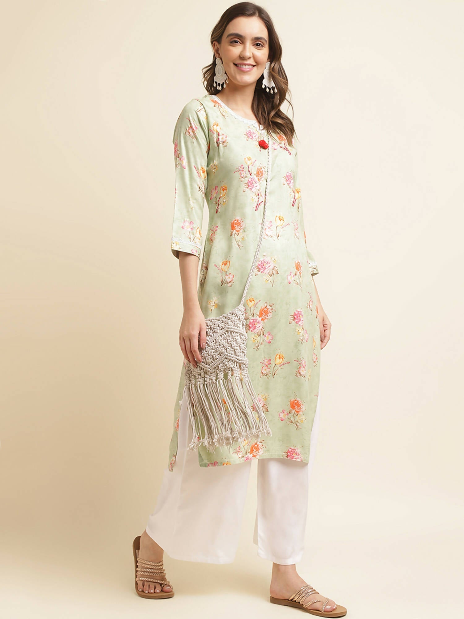 Green Poly Rayon Floral Printed Straight Kurta - Prasuti