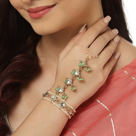Joban Fashion Green Pearl Beaded Kundan Hathphool 