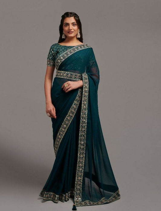 PR Fashion Petrol Zometo Embroidery Lace Saree