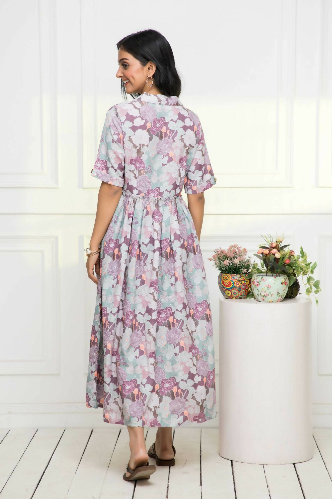 Myshka Women Multi-Floral Rayon A-Line V-Neck Dress