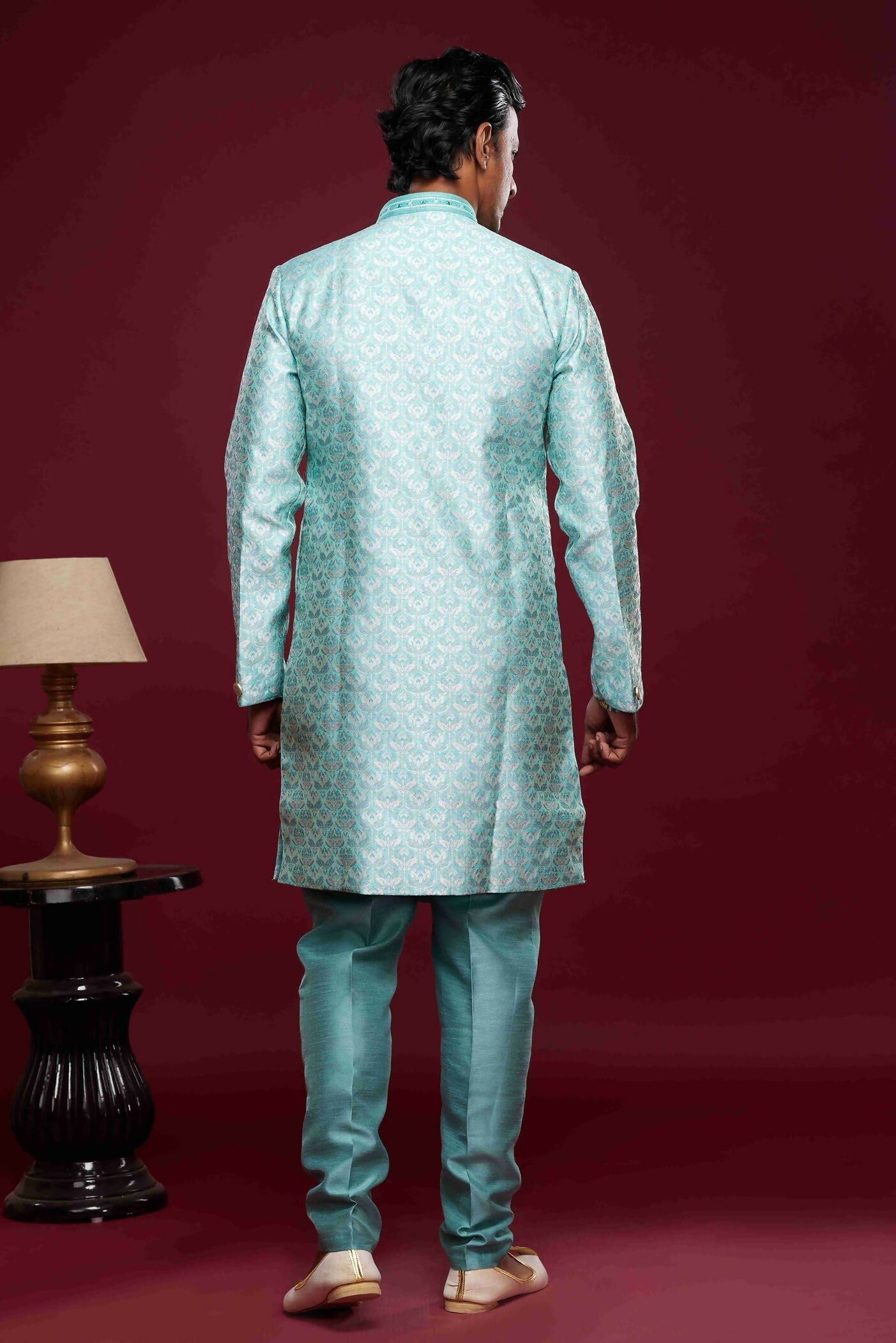 Raivat Ethnic Banarasi Jacquard Embroidery Semi Indo Western Sherwani In Sky Blue Colour | Swadesiicart