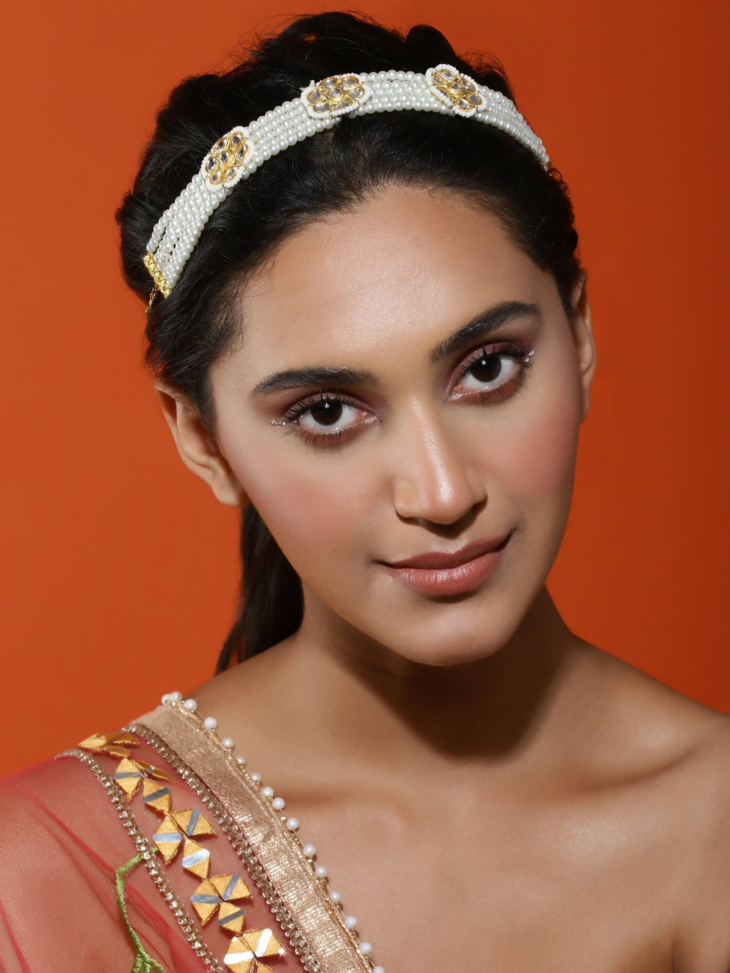 Gold-Plated White Kundan Studded Headband - Ruby Raang - Grab2buy