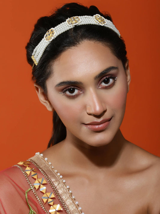 Gold-Plated White Kundan Studded Headband - Ruby Raang - Grab2buy