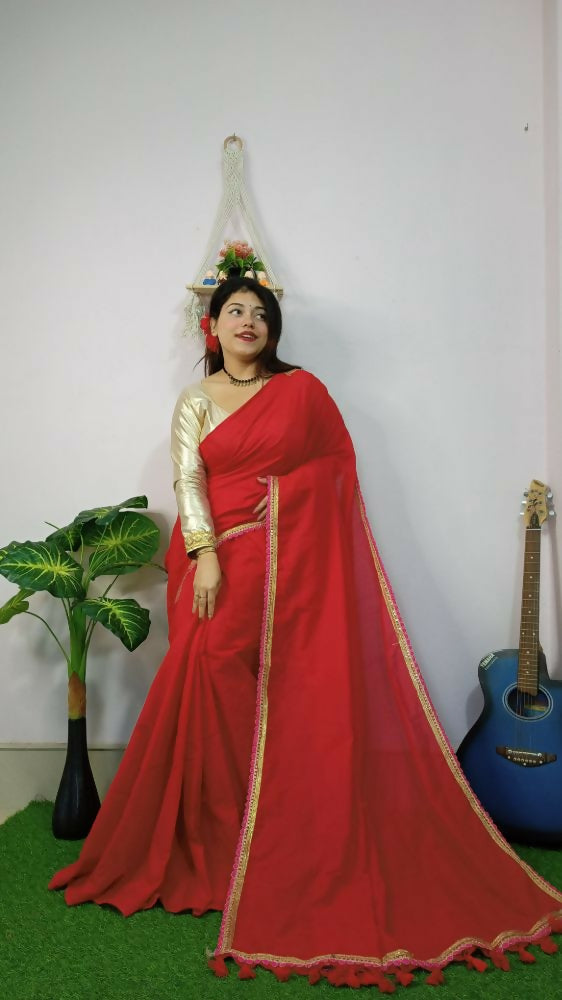Exclusive Collection Beautiful Khadi Cotton Handloom Grab2Buy With Beautiful Zari Border - Red 