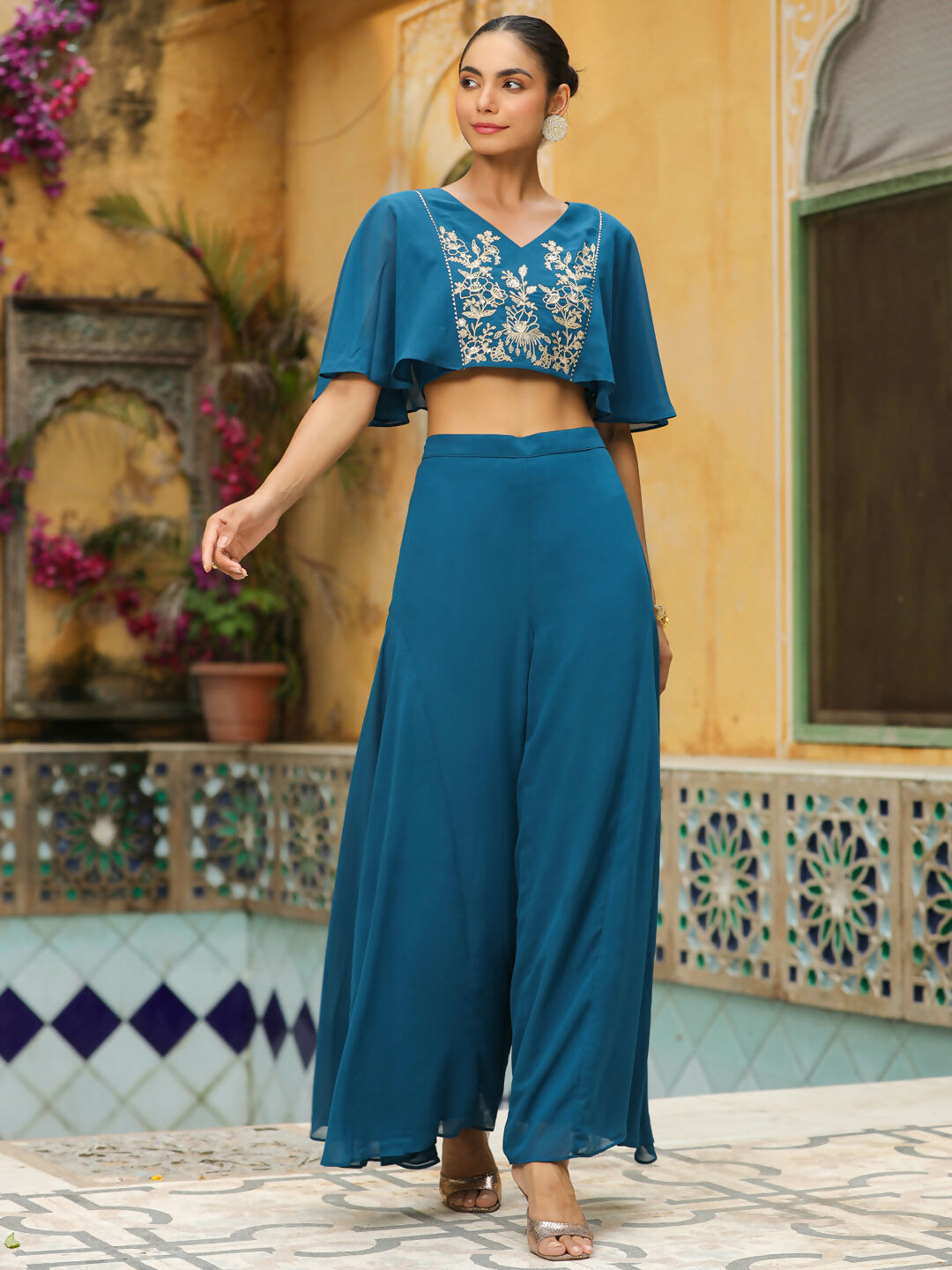 Janasya Teal Blue Georgette Yoke Embroidery Co-Ords 