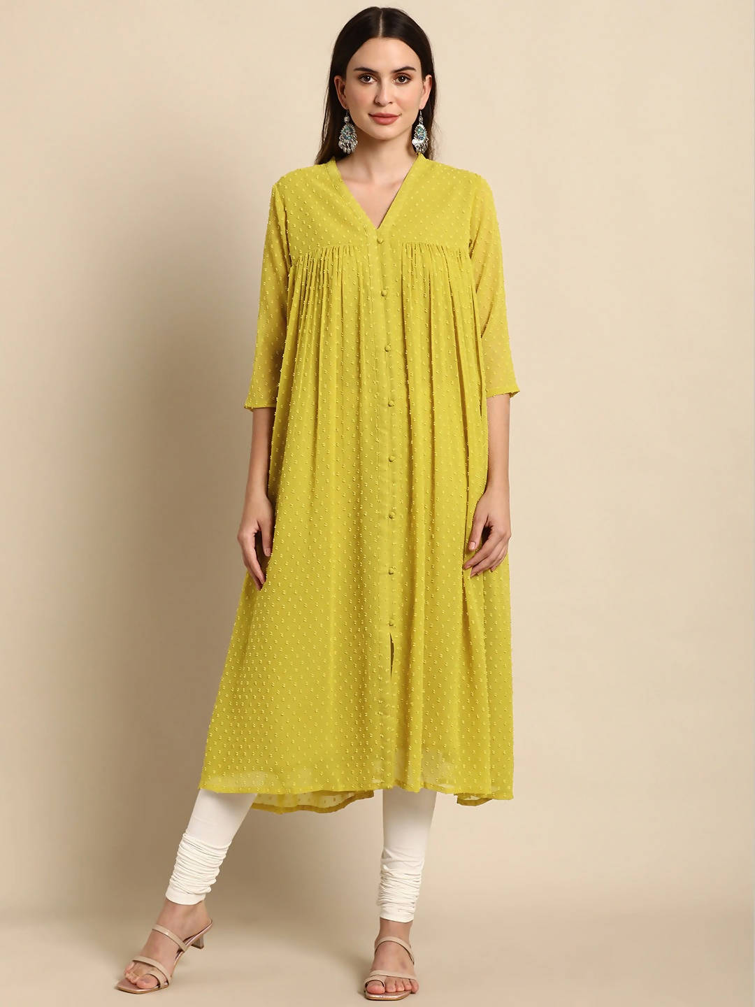 Janasya Women Mustard Yellow Dobby Weave Poly Chiffon Kurta