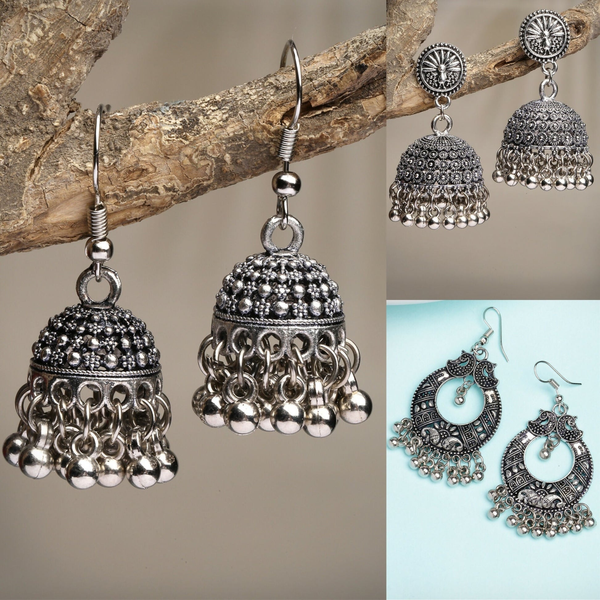 NVR Women's Set of 3 Silver-Toned German Silver Oxidised Dome Shaped Jhumka Earrings 