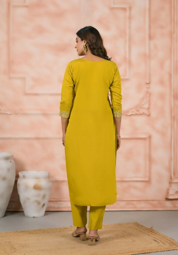 Ethnic Festive Wear Chanderi Yellow Stitched Suit With Dupatta - Anbazaar