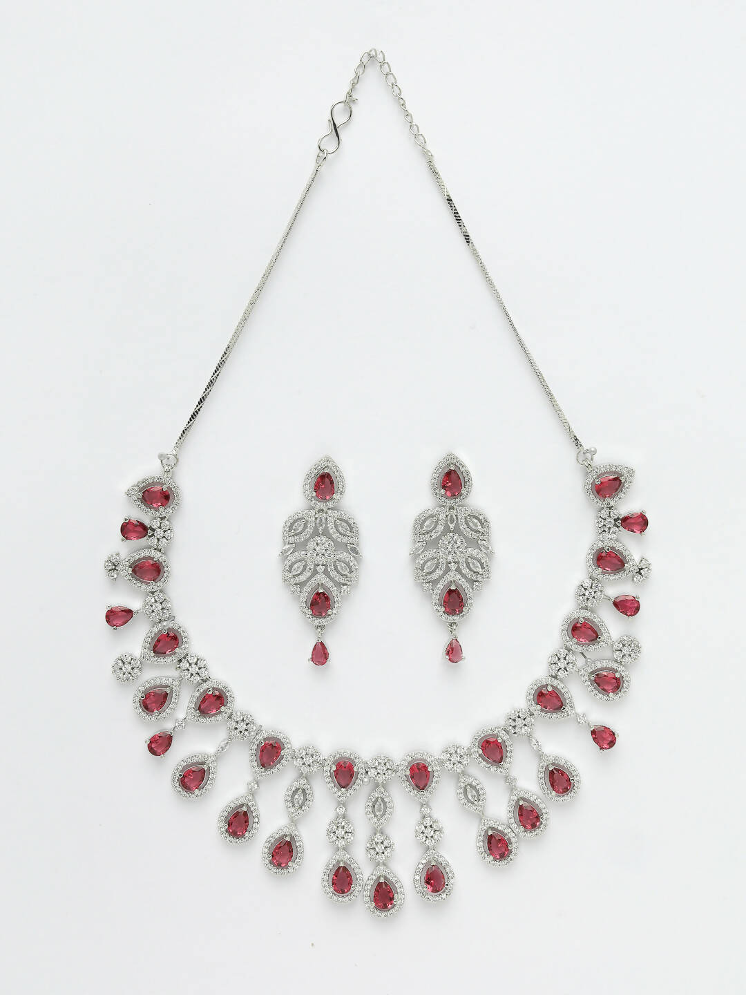 NVR Women Silver Plated & Maroon Cz Stone Handcrafted Jewellery Set - Grab2buy