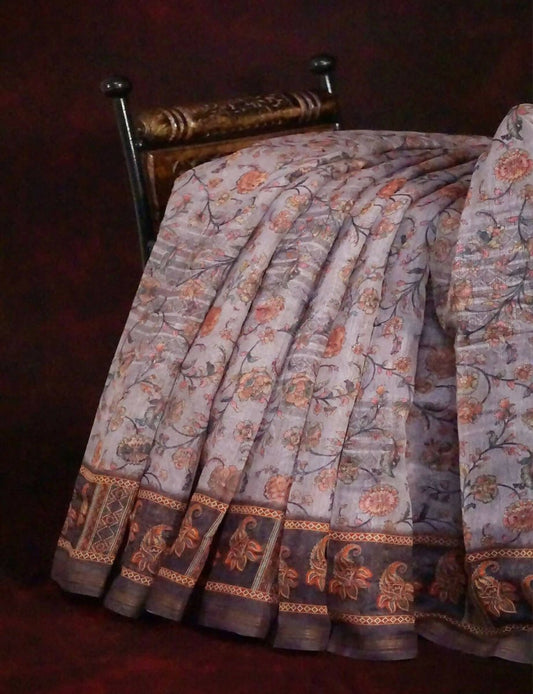 Baby Brown Mix With Pink Floral Design Printed Semi Chanderi Grab2Buy By Gayathri Reddy Designer Studio