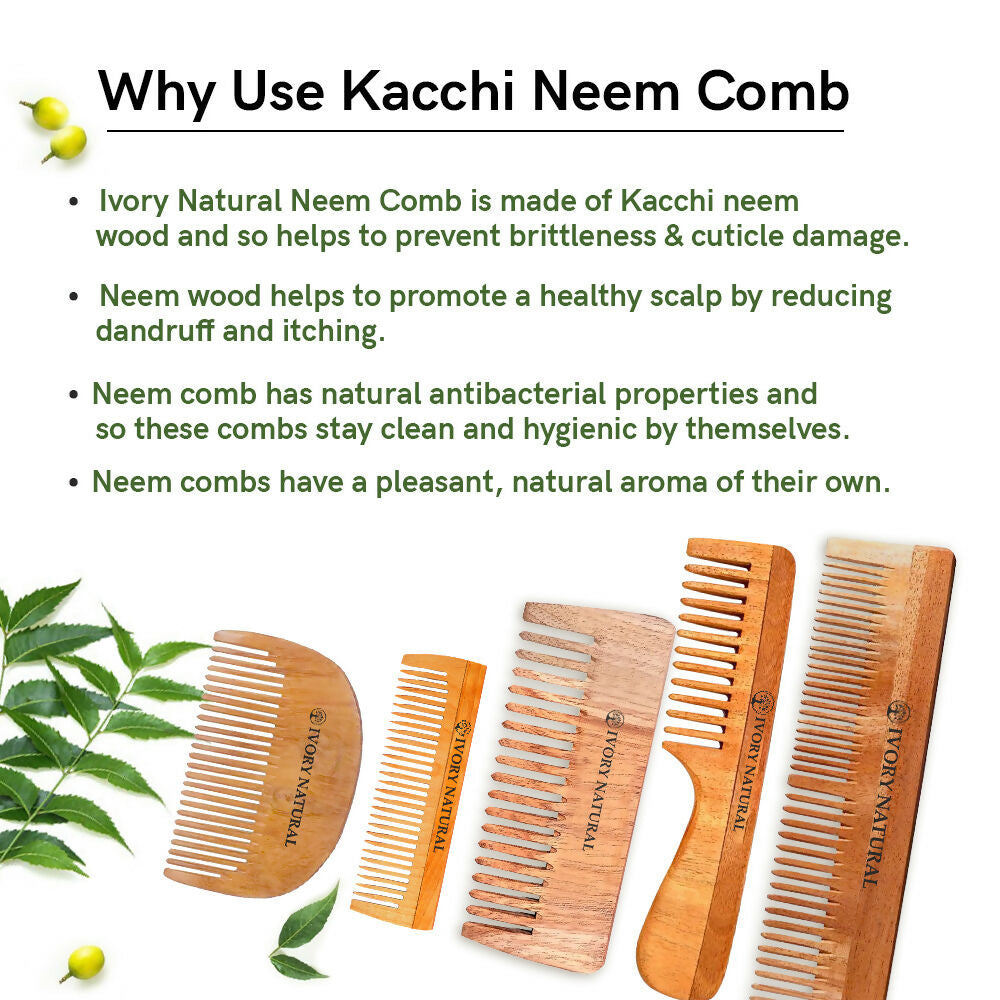 Ivory Natural Handle Kacchi Neem Comb For Gentle Detangling & Scalp Nourishment For Hair 