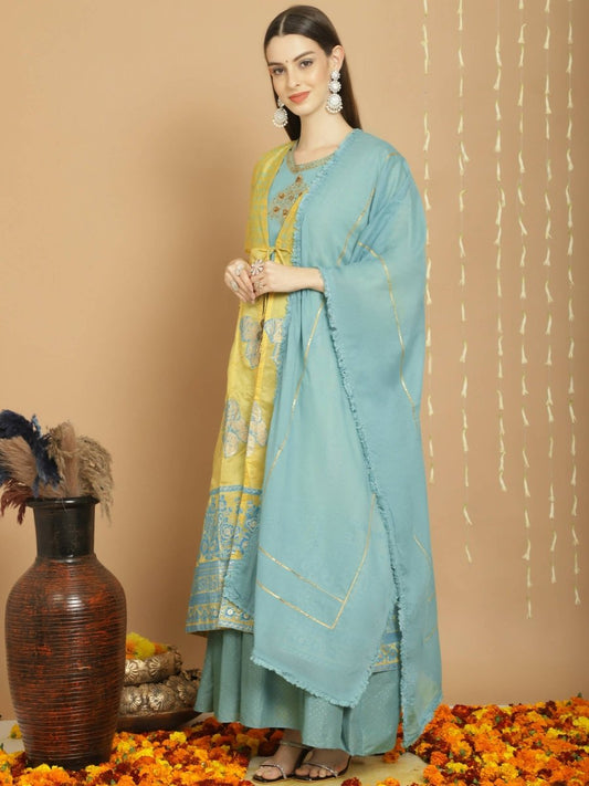 Aastha Fashion Women's Yellow Chanderi Silk Elegant Jardoshi Kurta with Trouser & Dupatta - Grab2buy