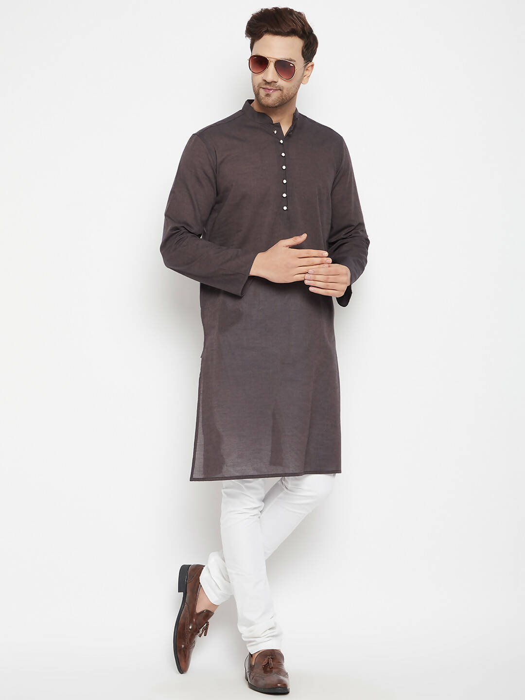 Even Apparels Brown Pure Cotton Long Men's Kurta With Band Collar 