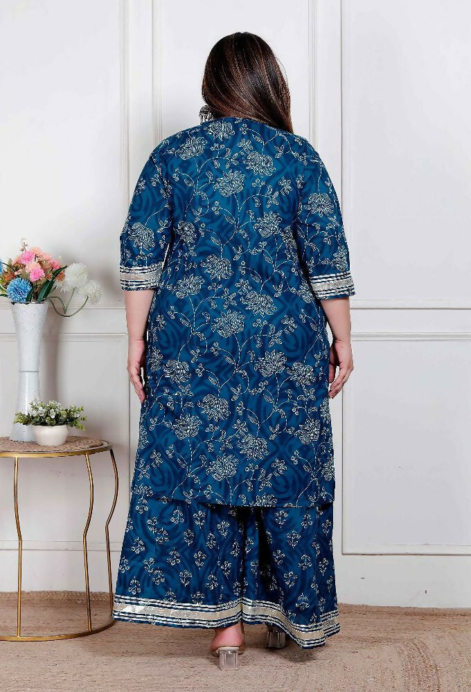 Miravan Plus Size Women'S Cotton Floral Printed V-Neck Kurta With Flared Palazzo