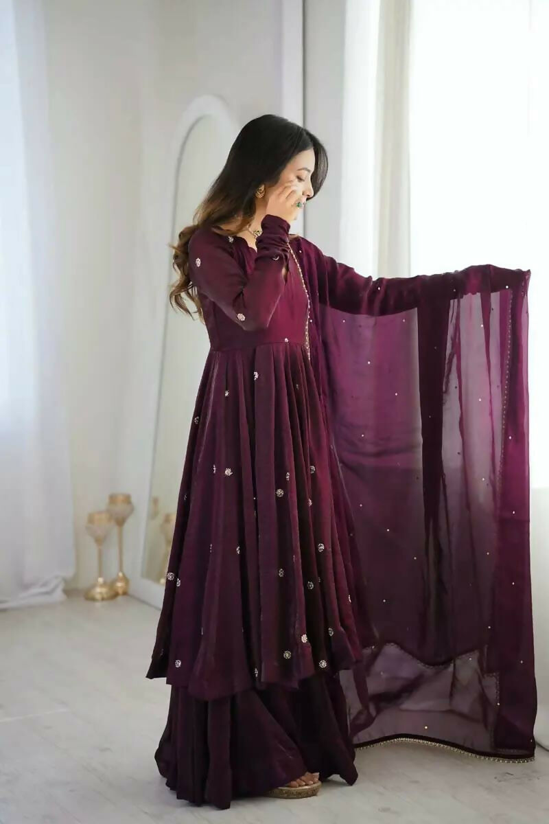Teeya Creation Violet Crunchy Silk Embroidery Work Designer Suit
