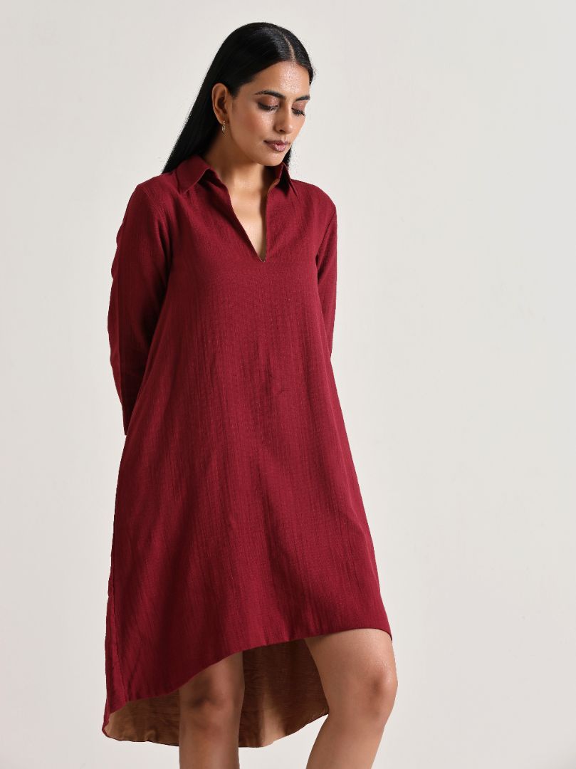 trueBrowns Maroon Short Collared Dress 