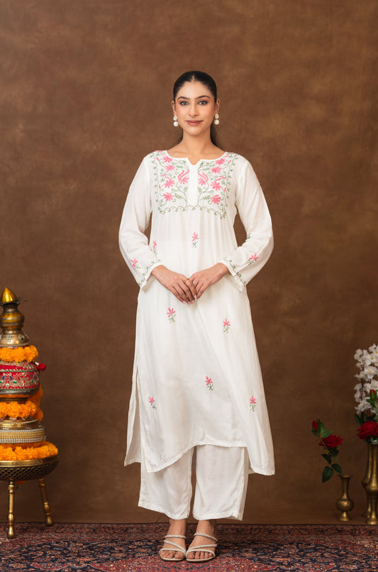 Gharana India Muslin Kurta In Multi Colour Embroidery