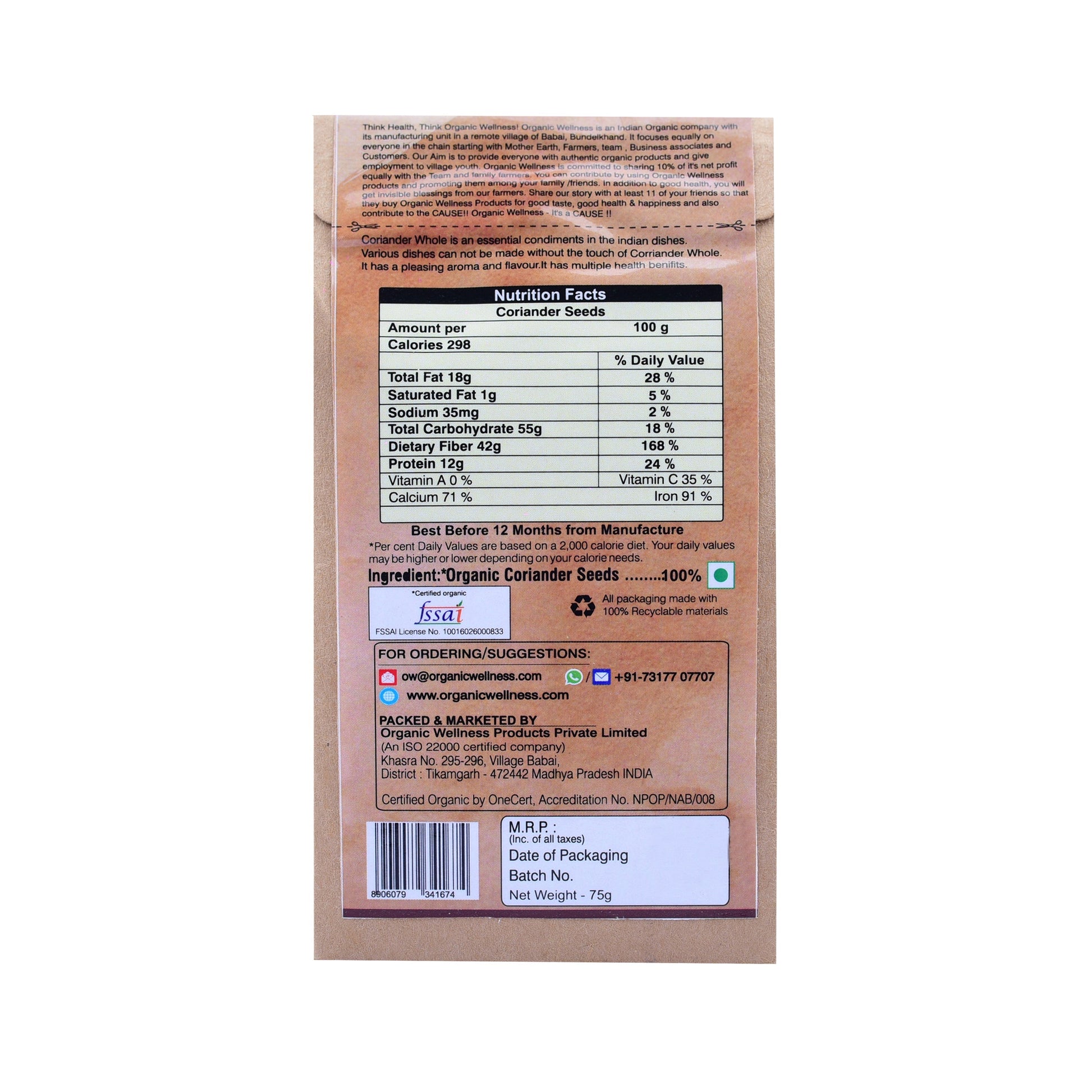 Organic Wellness Coriander Whole 