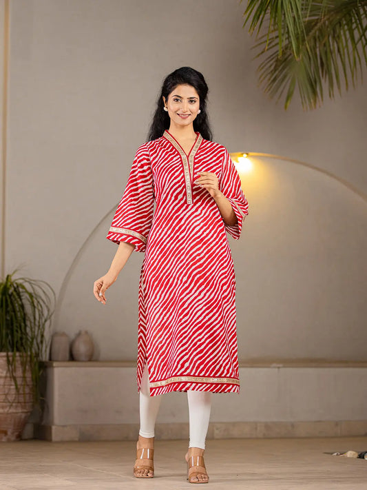 Yufta Cotton Red Leheriya Kurta